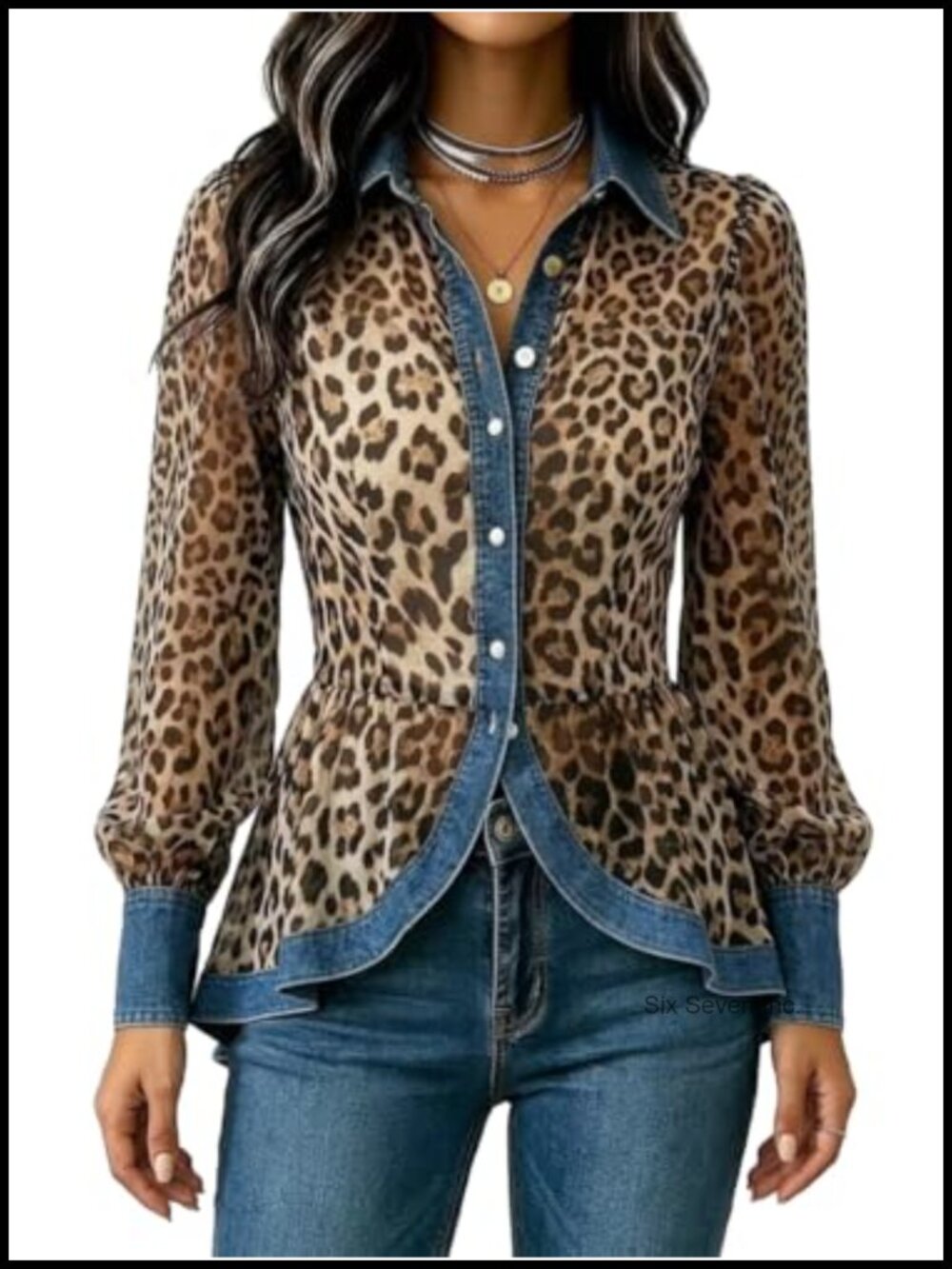 Leopard Print Denim Trim Button Down Long Sleeve Blouse Shirt